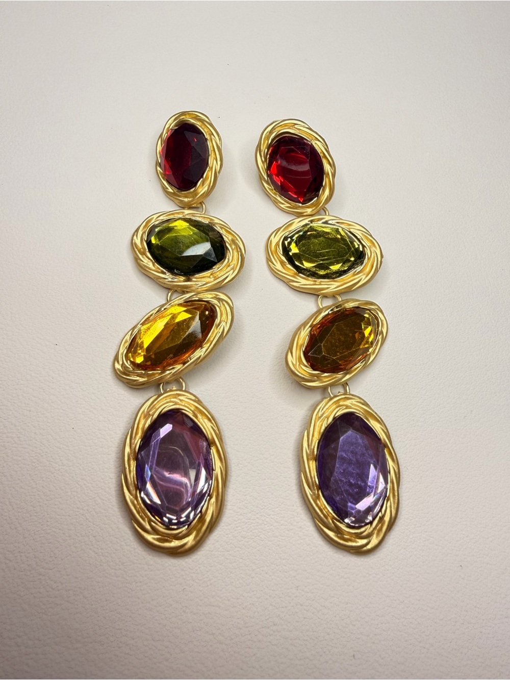 Goldtone Drop Earrings with Red, Yellow, Orange & Purple Stones - Picture 6 of 9